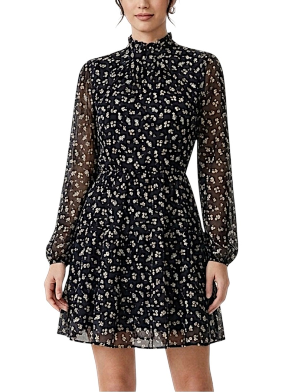 Trixxi Black Floral Mock Neck Tiered Mini Dress Size Medium